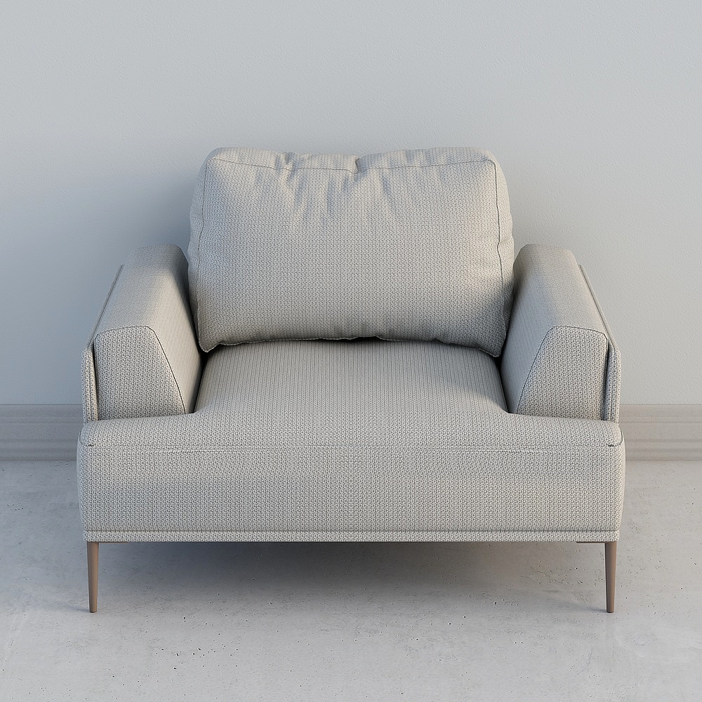 Modern light grey fabric armchair with wooden legs on white background