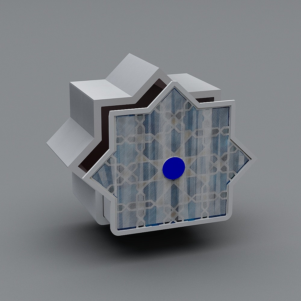 Modern white geometric wall light with blue glass pattern and center dot on grey background