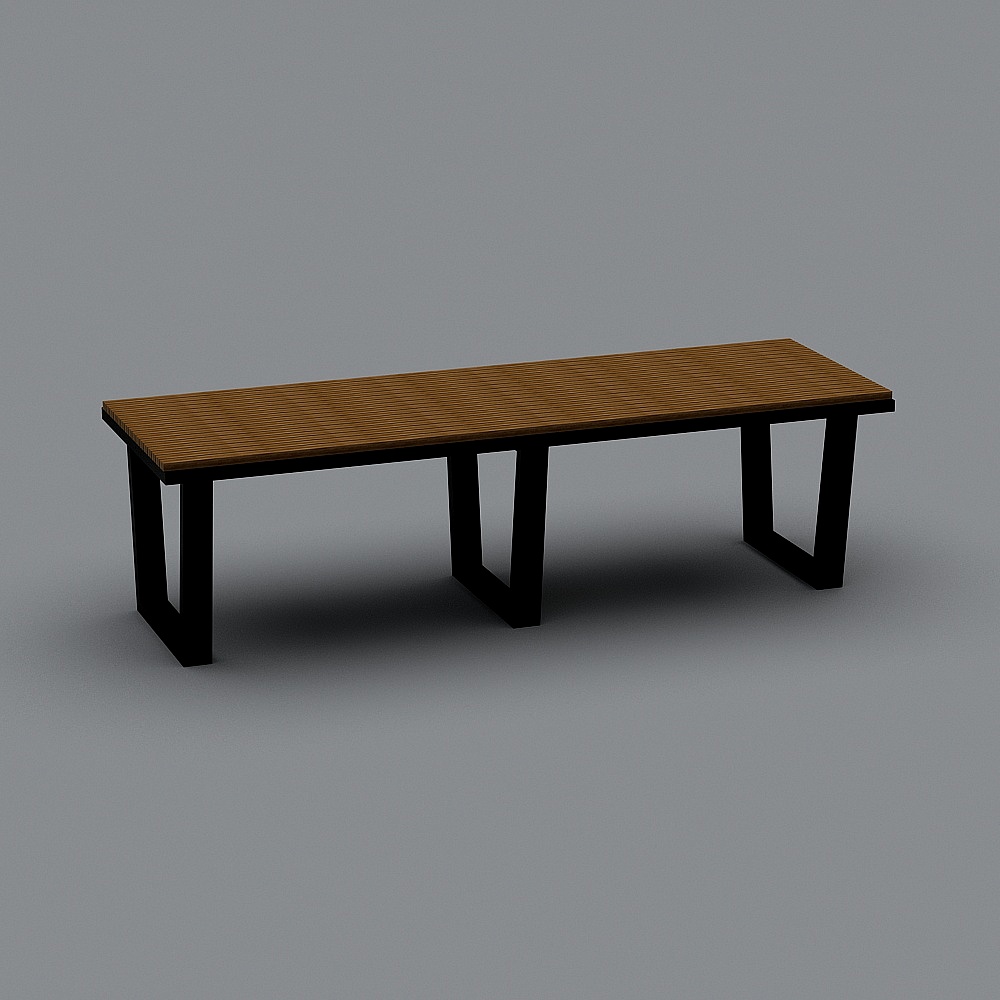 Modern long rectangular wooden dining table with black metal legs on grey background
