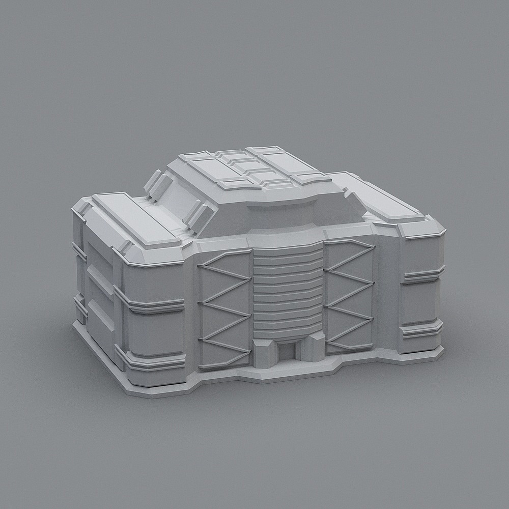 White futuristic building model with geometric details and flat roof on grey background