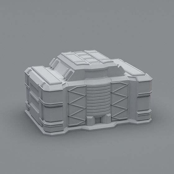 White futuristic building model with geometric details and flat roof on grey background