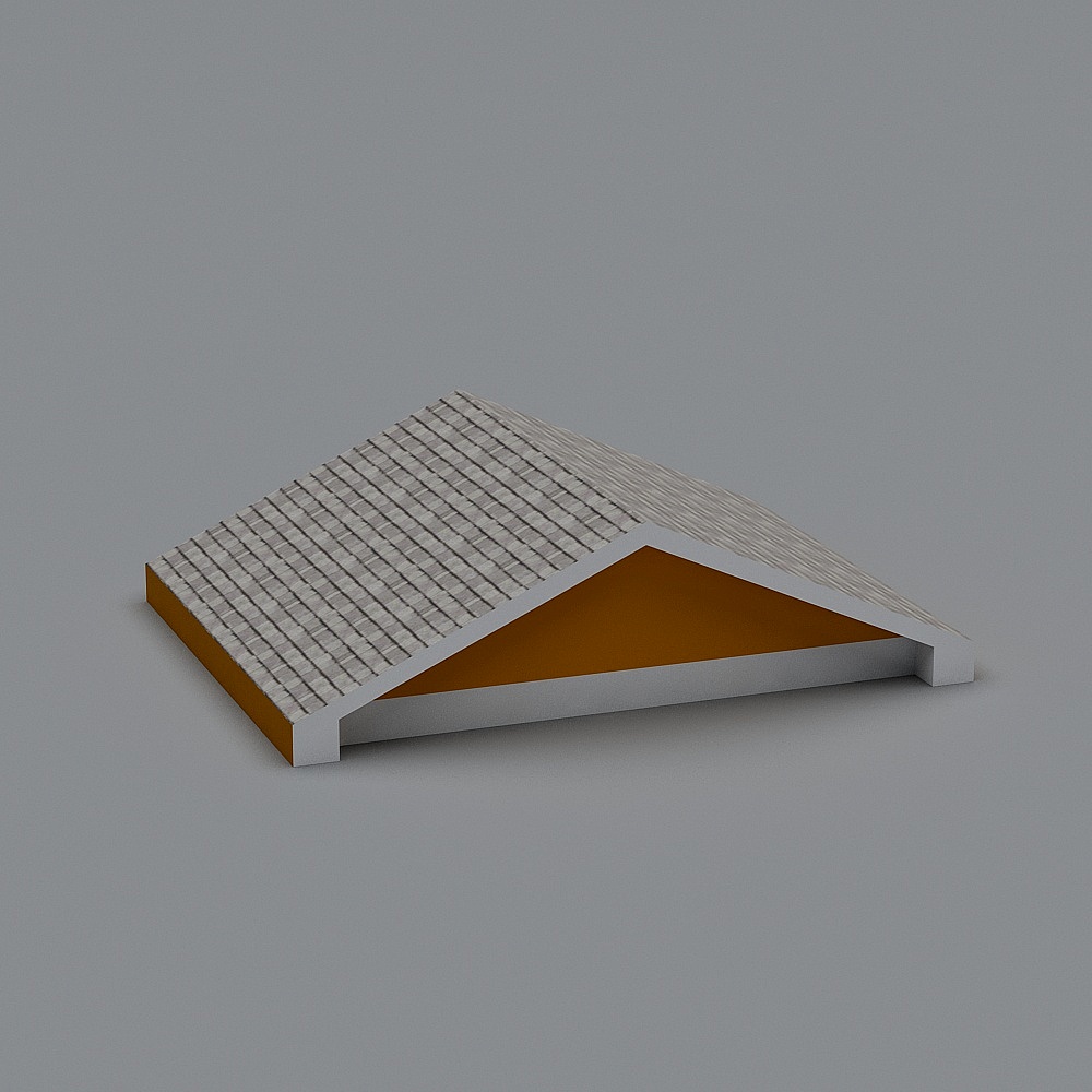 Gabled roof section with grey tiles and brown wood walls on grey background