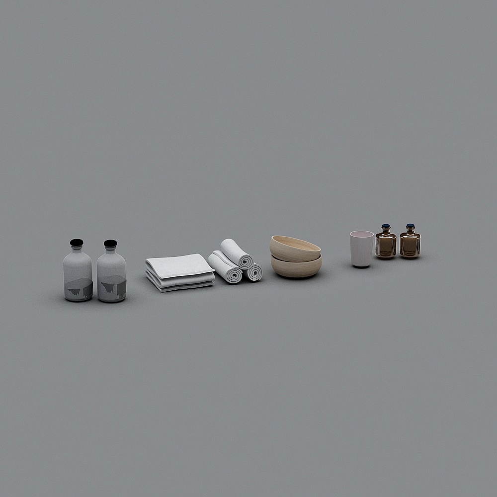 Set of bathroom accessories including bottles towels bowls and cups on grey background