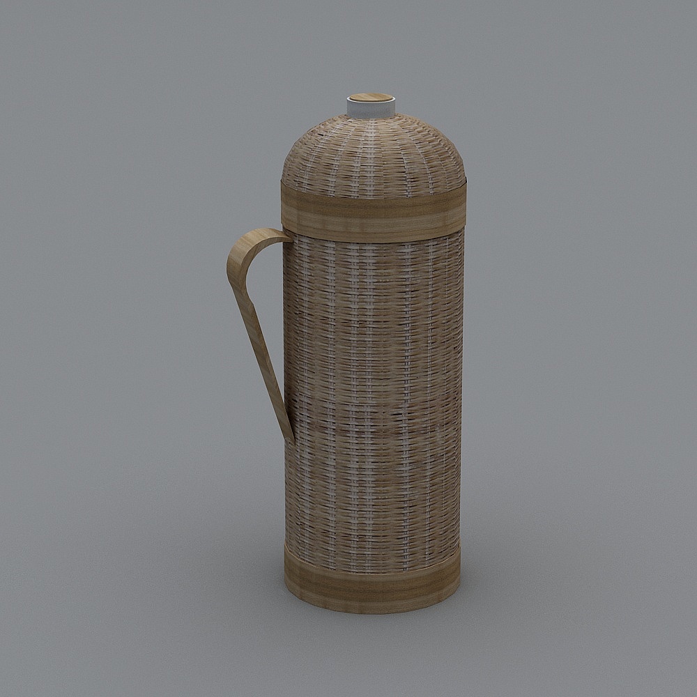 Tall beige wicker water bottle with wooden handle and lid on grey background