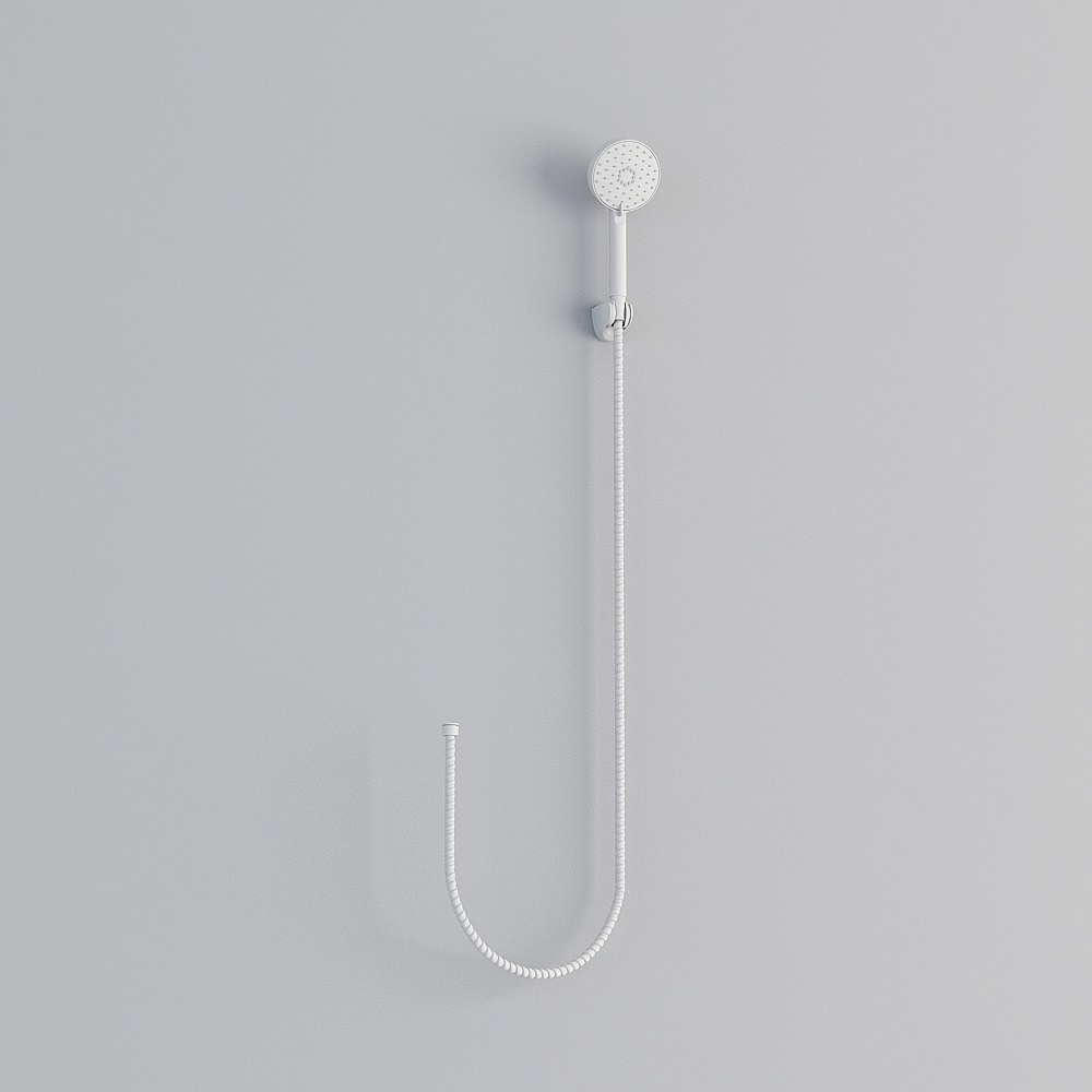 Modern white handheld shower head with flexible hose and wall bracket on grey background