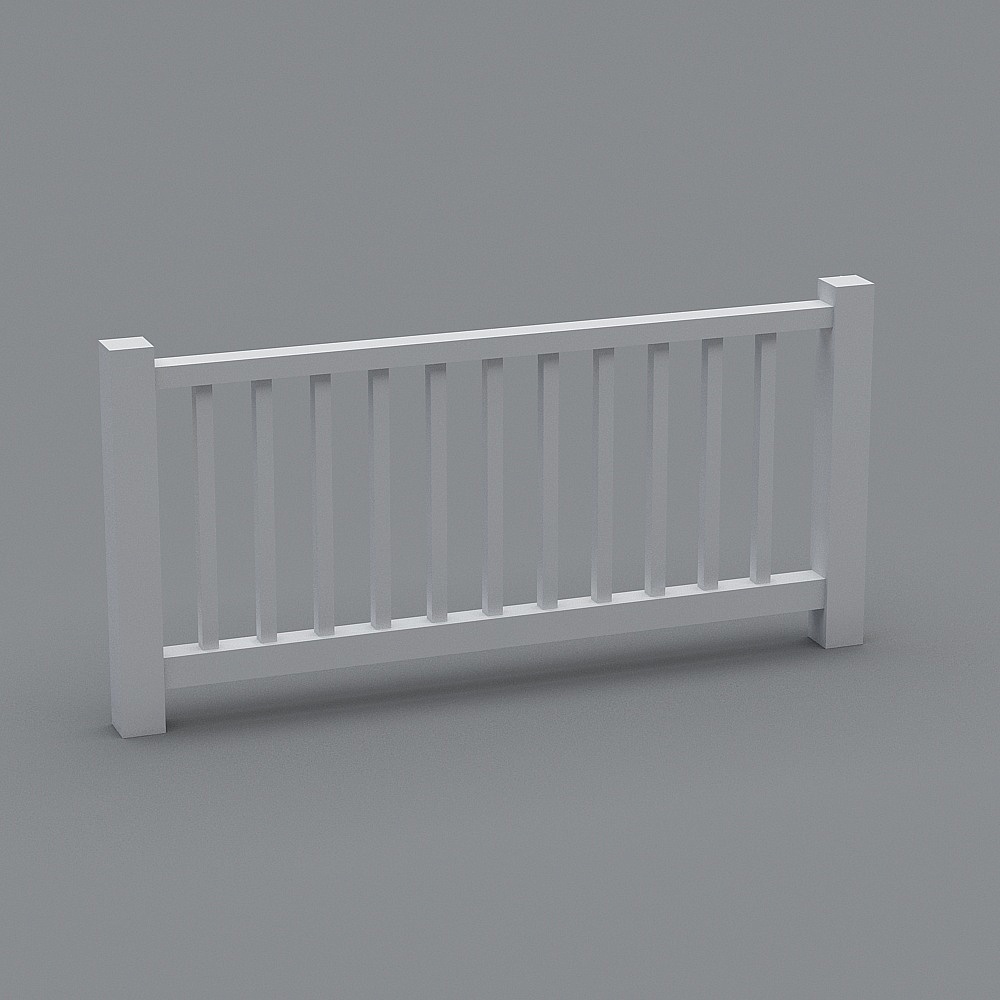 Modern white wooden fence with vertical slats and square posts on grey background