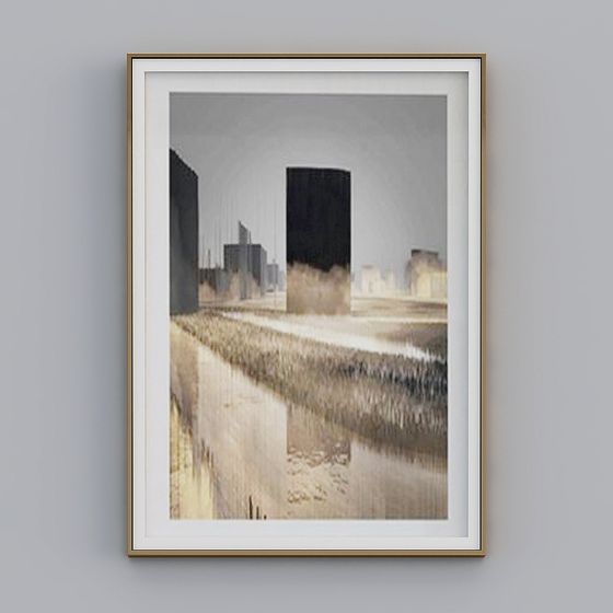 Modern framed abstract city landscape print with gold frame and white mat on grey background