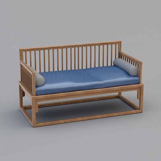 Modern light wood sofa with blue cushion and grey pillows on grey background