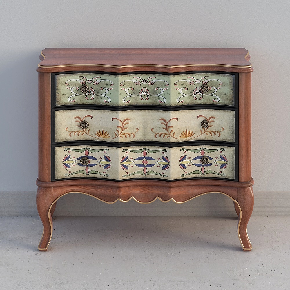 Vintage wooden chest of drawers with floral painted drawers on grey background