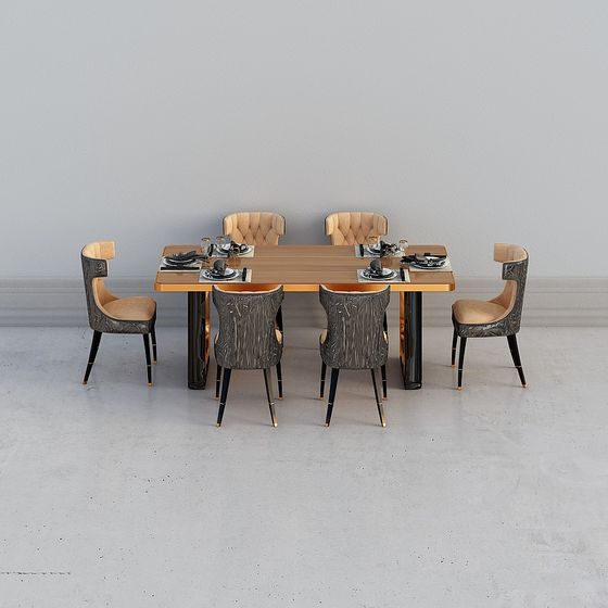 Elegant Low-Poly Dining Table and Chair Set 3D Model