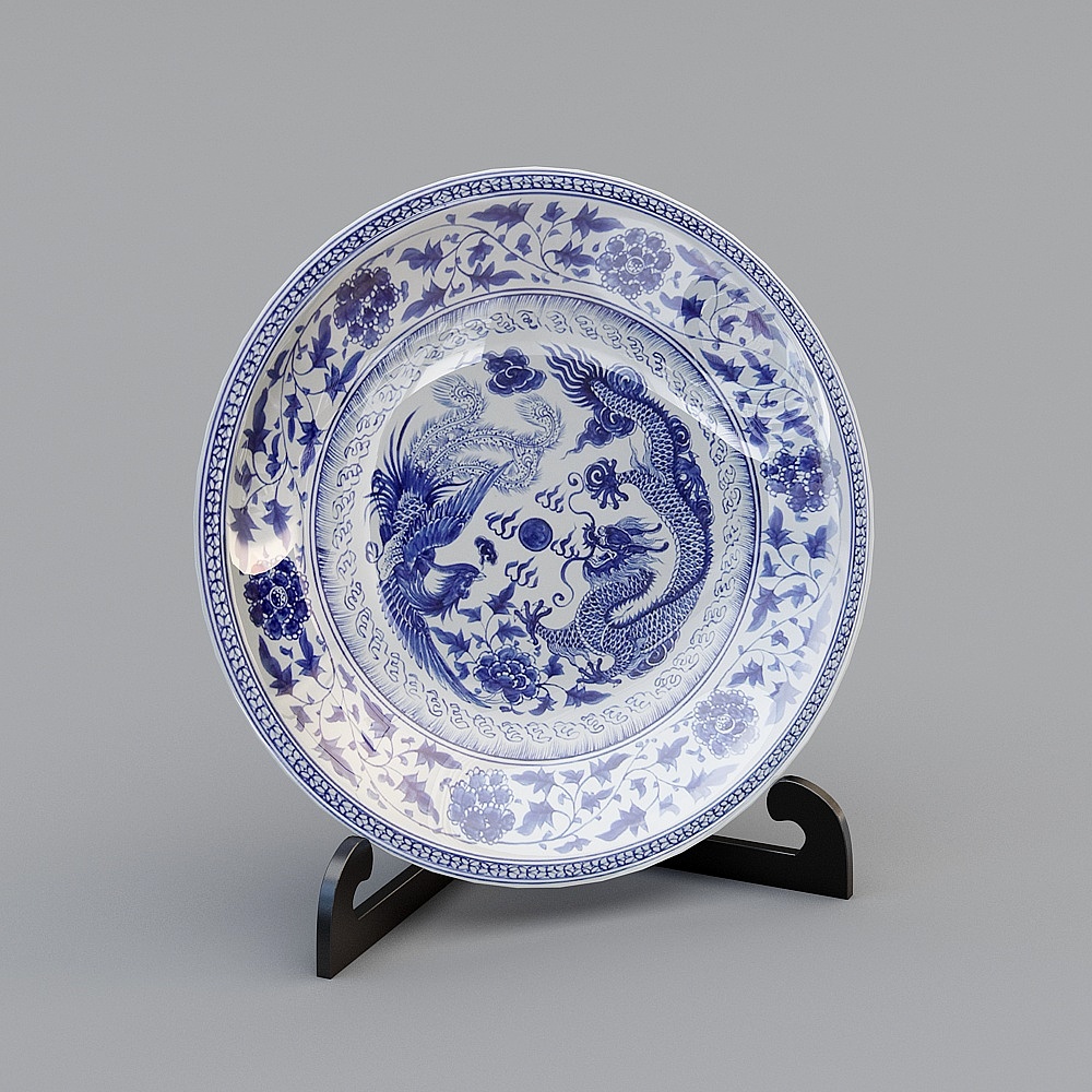 Elegant Blue and White Porcelain Plate 3D model