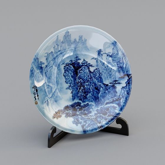 Traditional Blue and White Porcelain Plate 3D model