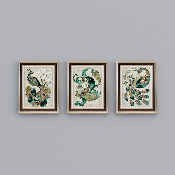 Exquisite Peacock Triptych 3D model for Artistic Spaces