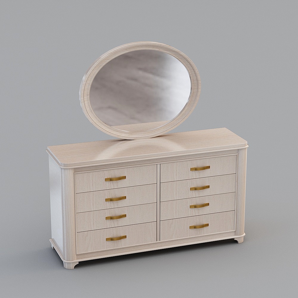 Light wood dresser with round mirror and gold handles on grey background