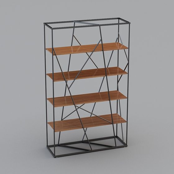 Modern black metal bookshelf with four wood shelves and geometric frame on grey background