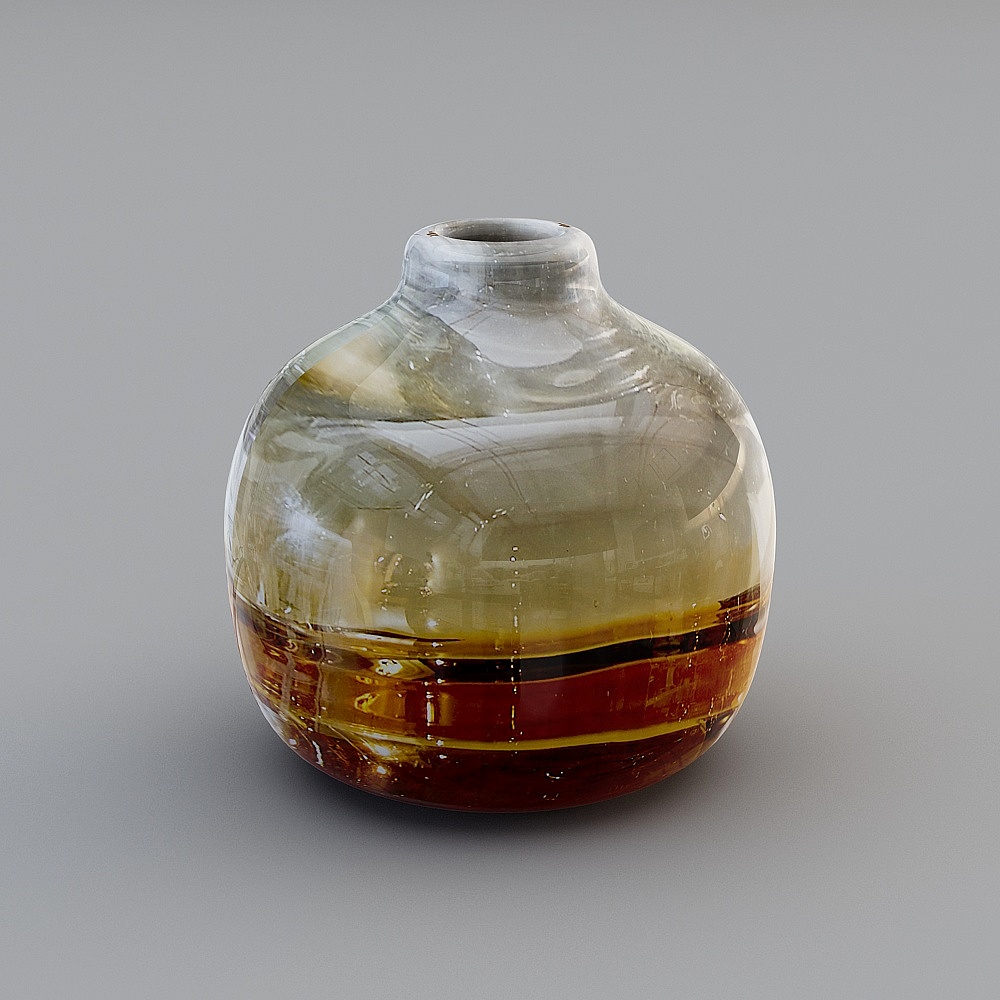 Round glass vase with brown stripes and clear top section on grey background