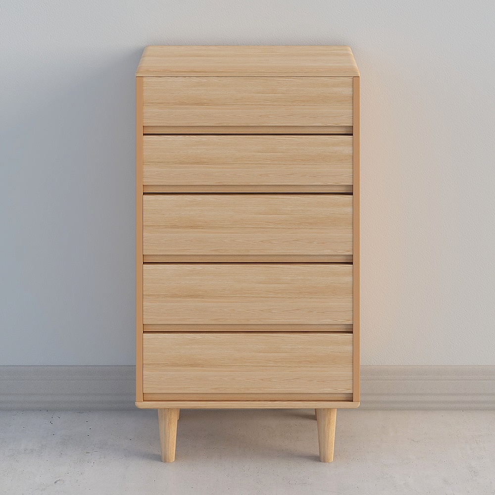 Tall light wood cabinet with five drawers and round legs on grey background