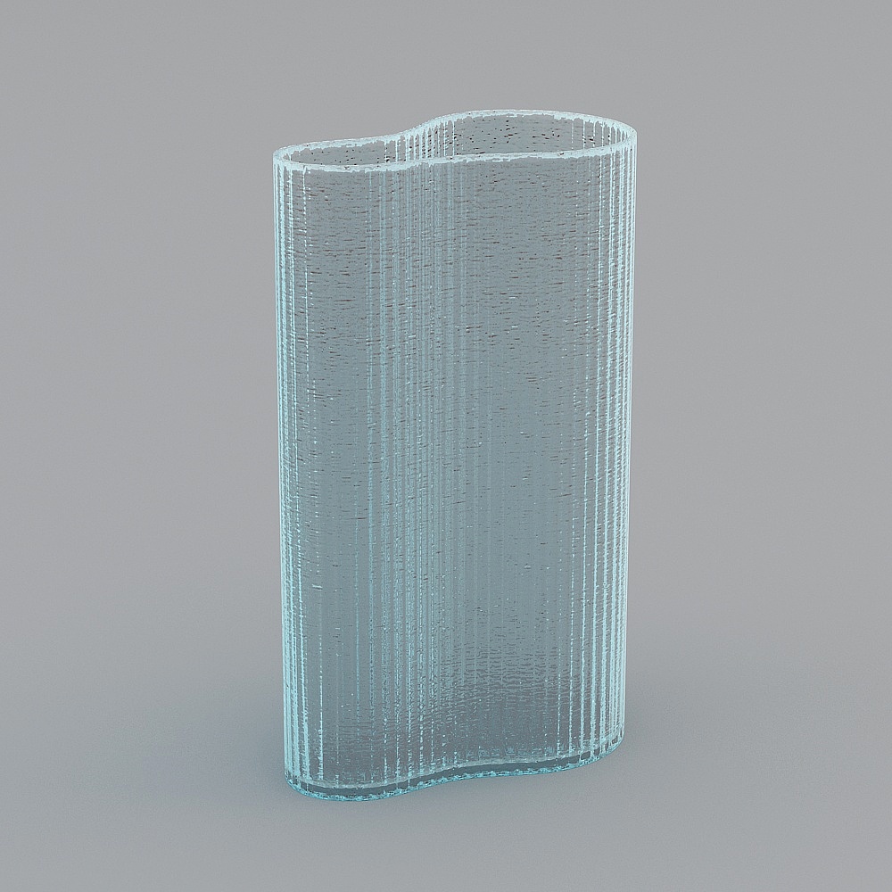 Modern curved glass wall panel with vertical texture and blue tint on grey background