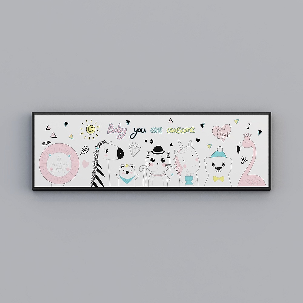 Kippoon Children's Room single horizontal black frame animal 43x133cm animal decoration painting wlpr-x-12