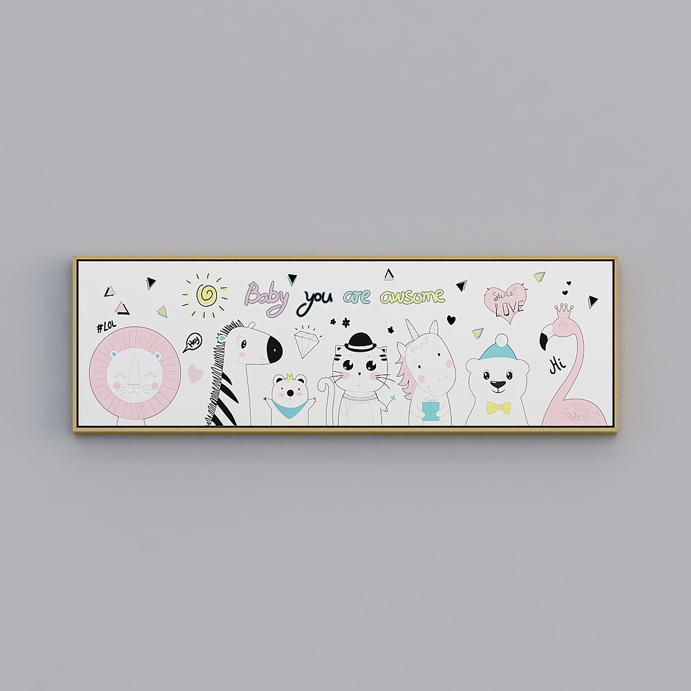 Kippoon Children's Room single horizontal gold frame animal 43x133cm animal decoration painting wlpr-x-12