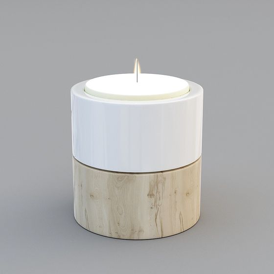 Modern white ceramic and wood table lamp with flame light on grey background