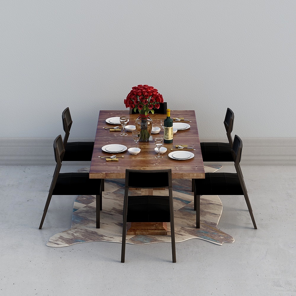 Chinese solid wood dining table chair 3D model free download