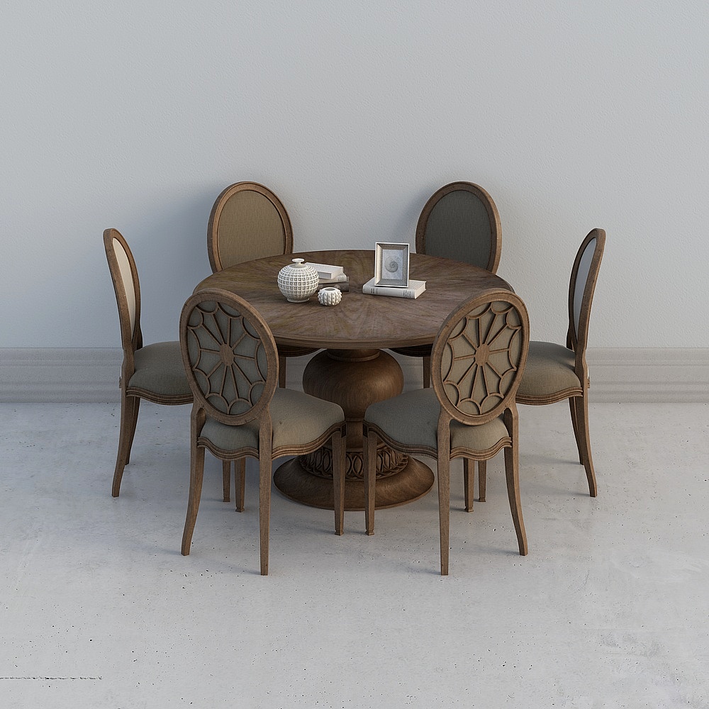 American style round dining table and chairs 3d model