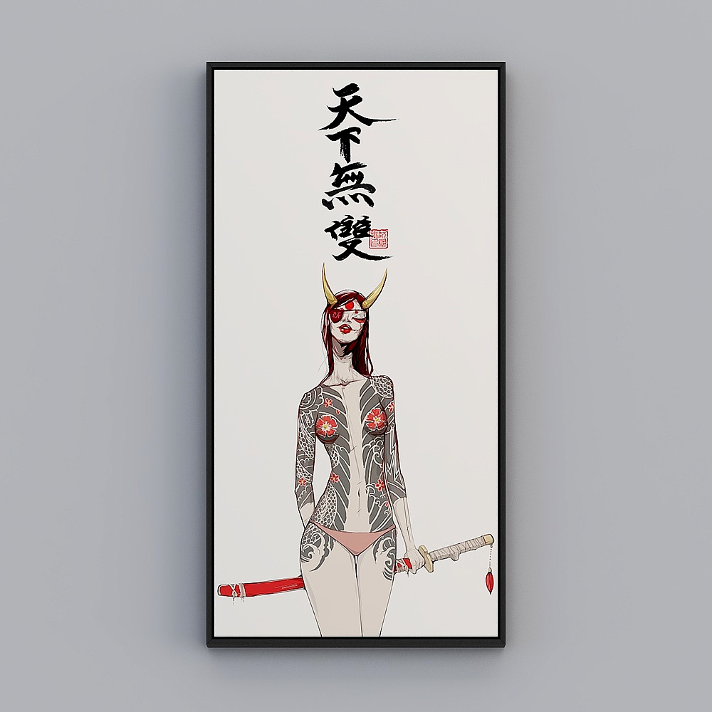 Japanese-style tattoo parlour decorated with painted tattooed green samurai restaurant hanging painting day food shop house mural byrgz-x-7