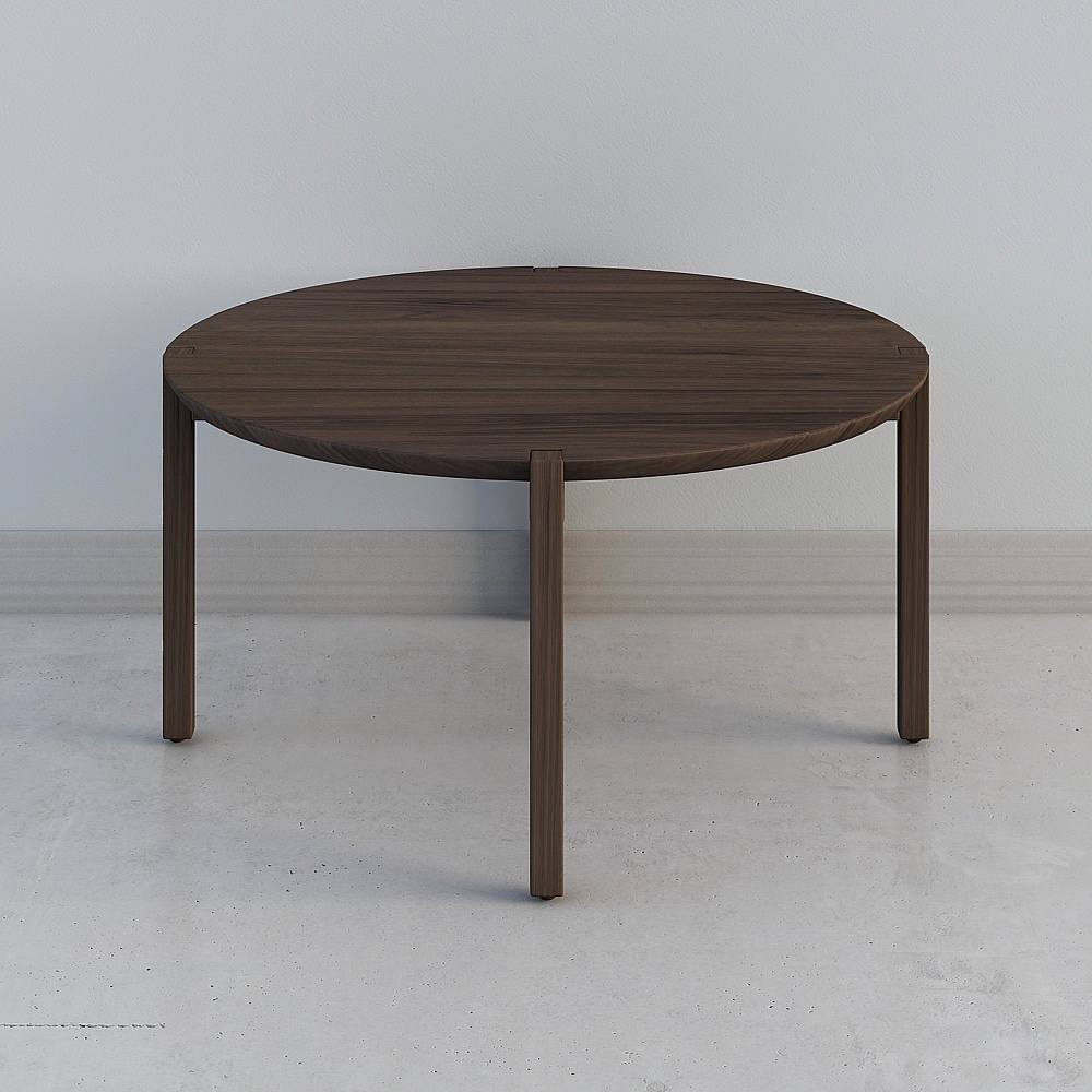 Round dark wood dining table with four straight legs on grey background