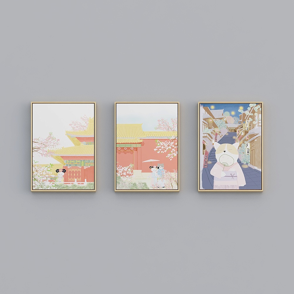 Japanese Traditional Aesthetic Illustration Wall Art 3D model