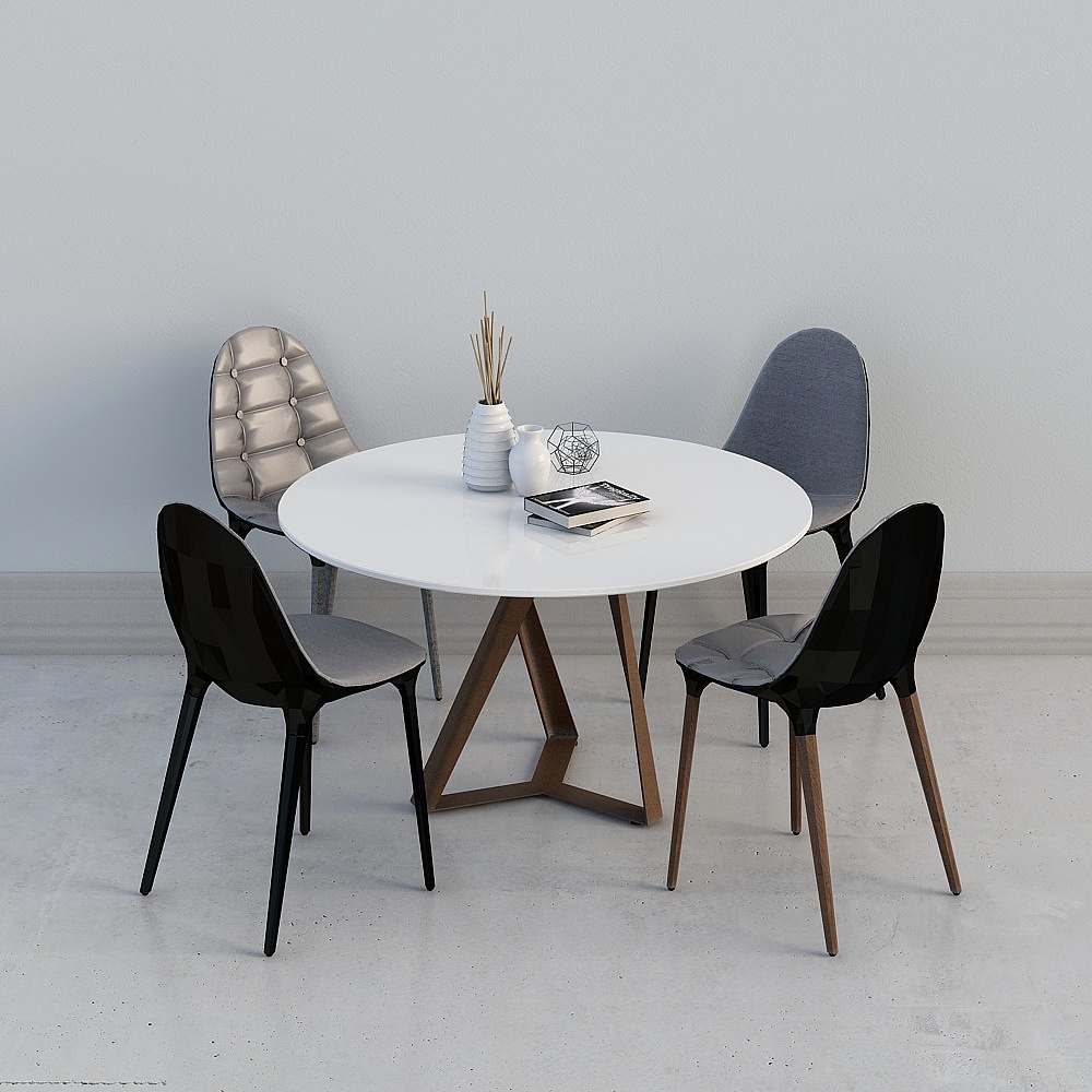 Modern white round dining table with wooden legs and four grey chairs on light grey background
