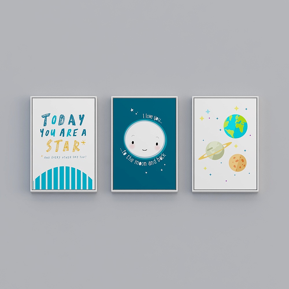 Baxter 좋은 만화 어린이 방 트리플 수직 흰색 프레임 공간 우주 비행사 43x63cm 캐릭터 장식 그리기 bwlpr-x-5