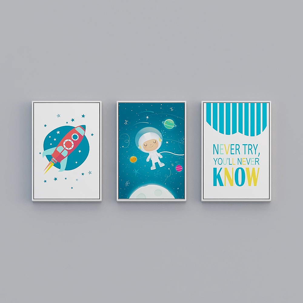 Baxter Good Cartoon Children's Room Triple Vertical White Frame Space Astronaut 43x63cm Character Decoration Draw bwlpr-x-5