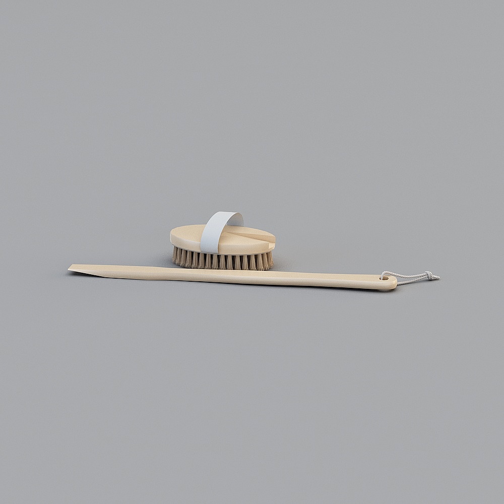 Two wooden bath brushes with natural bristles and white strap on grey background