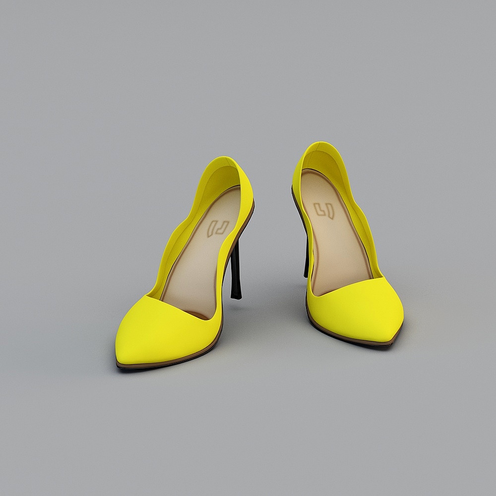 Pair of yellow high heel shoes with black heels and beige insoles on grey background