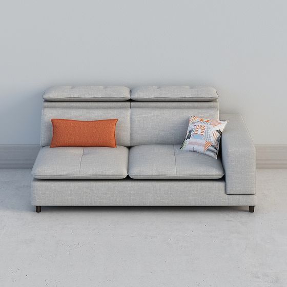 Modern green velvet sofa with gold legs and orange pillow on white background