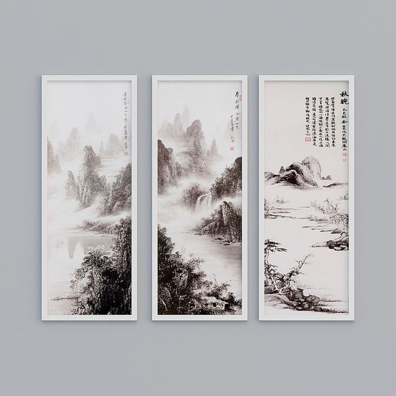 Ink Wash Triptych 3D model - Traditional Elegance