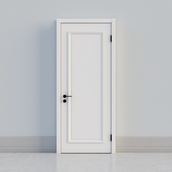 Modern white interior door with black handle on light grey background