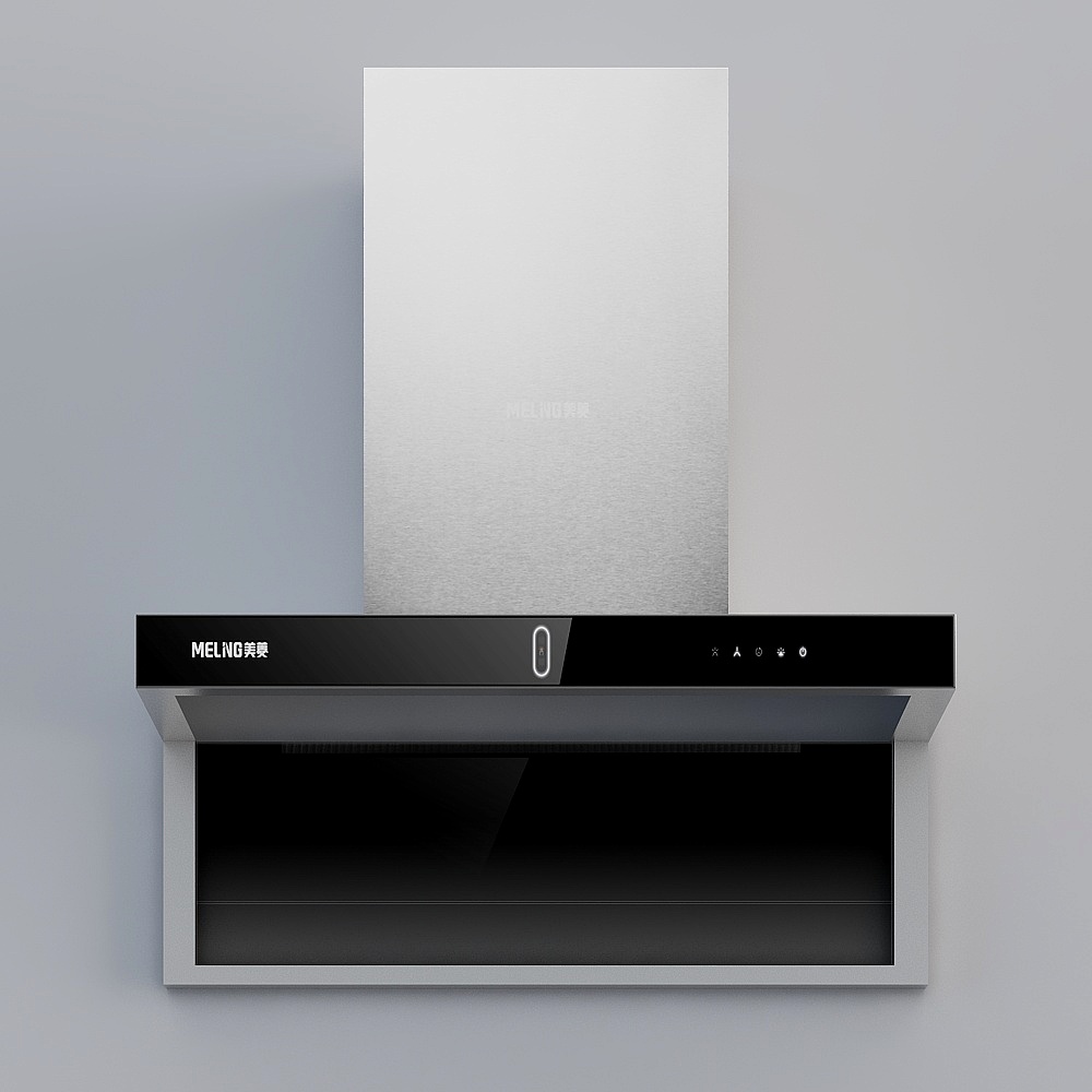 Modern stainless steel kitchen range hood with black glass panel on grey background