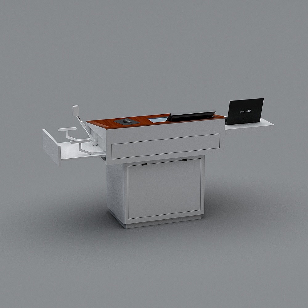 Modern white office desk with brown wood top and storage on grey background