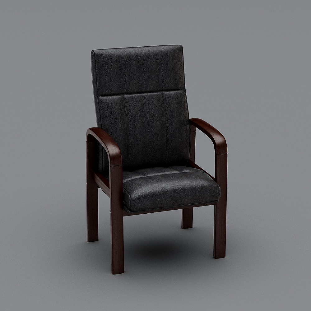 Modern dark brown wooden armchair with black leather seat and backrest on grey background