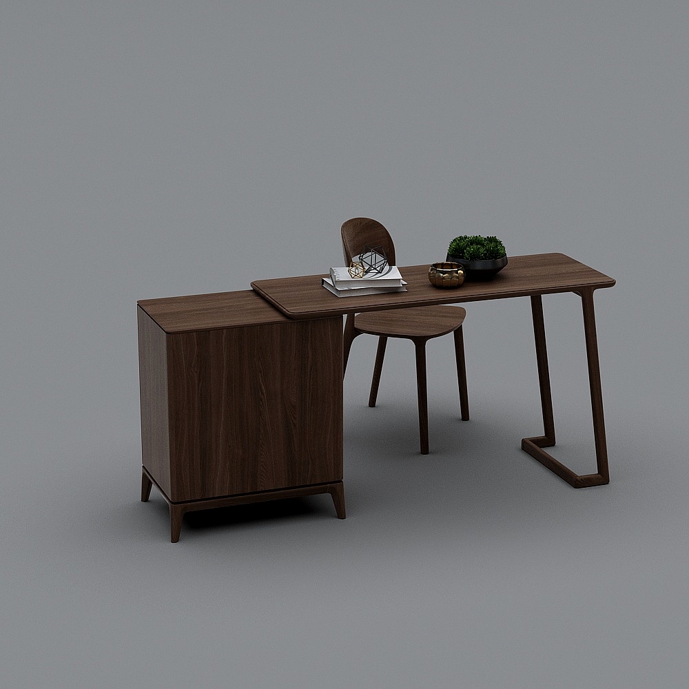 Modern dark wood desk with storage cabinet and matching chair on grey background