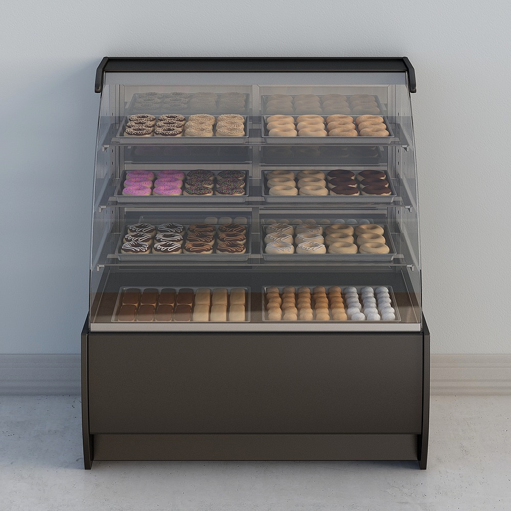 Black metal bakery display case with glass shelves filled with colorful donuts on white background