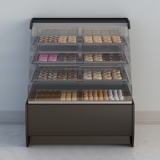 Black metal bakery display case with glass shelves filled with colorful donuts on white background