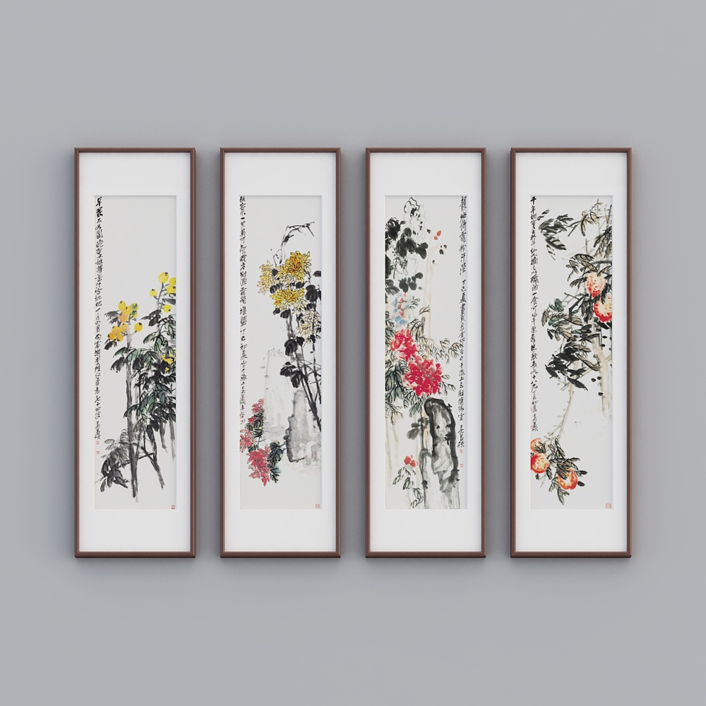 Kisai new Chinese four-way vertical mahogany solid wood frame flower four screens 48x163cm flower landscape twhxd-zs-gg-sk-33