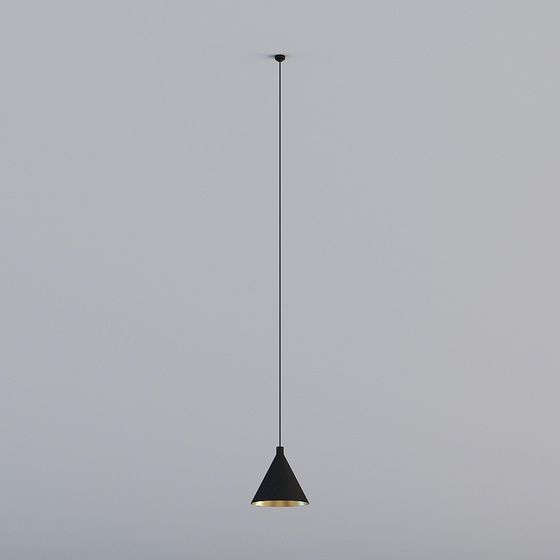 Modern black cone ceiling light with gold interior on grey background