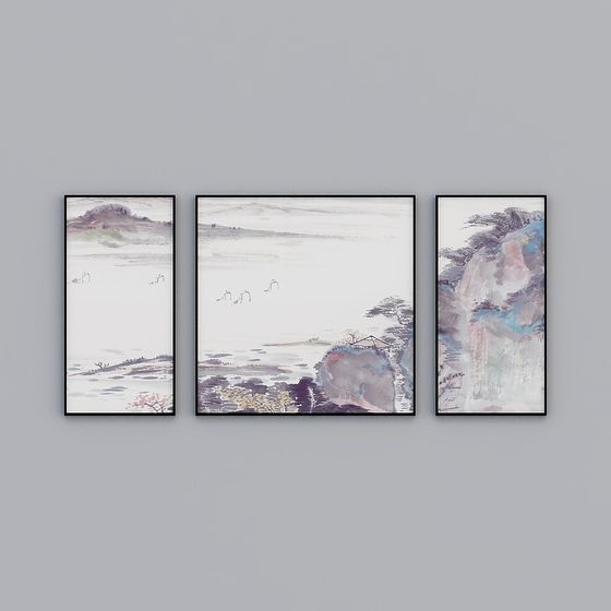 Ink Wash Triptych 3D Model for Artistic Designs