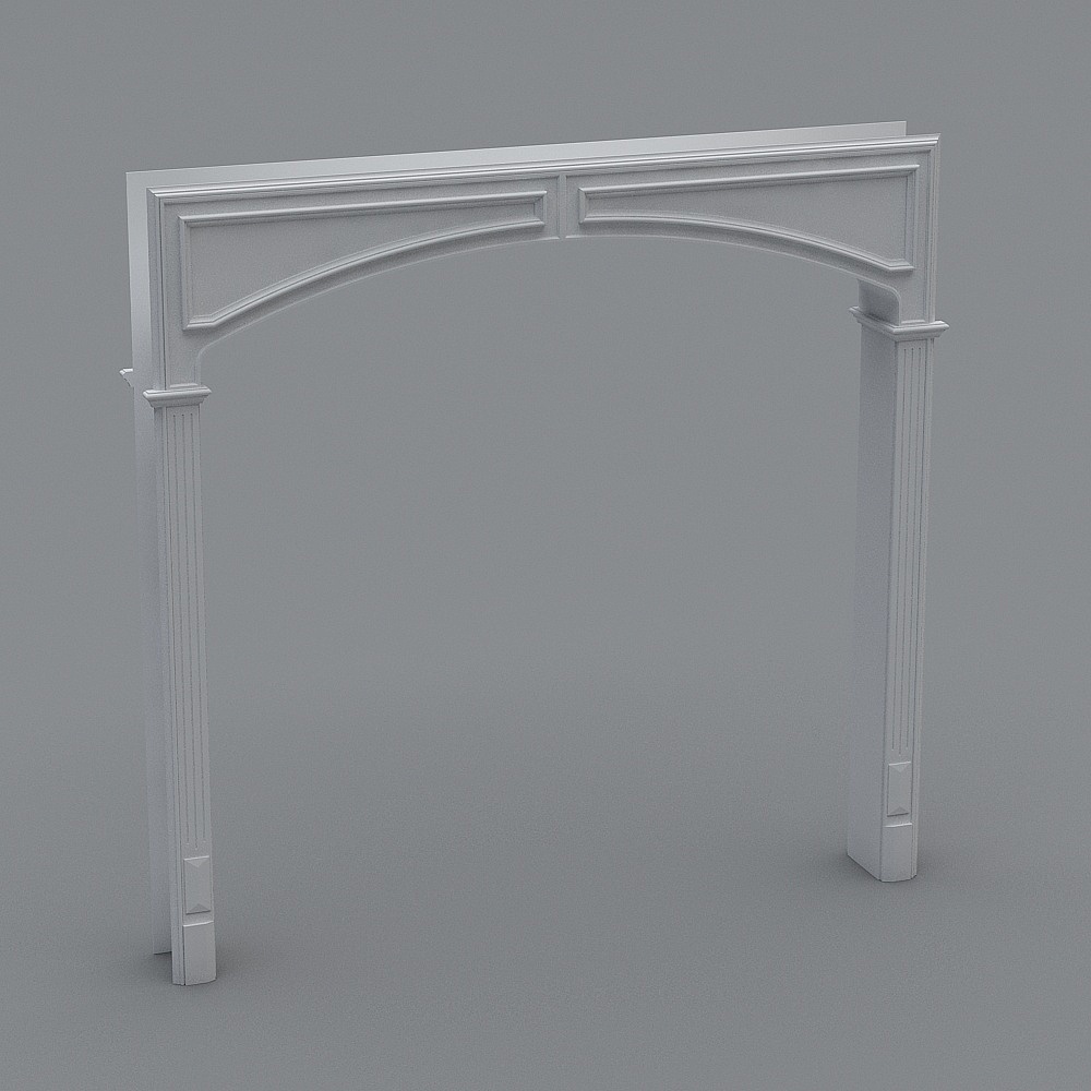 Classic white wooden fireplace mantel with arched top and fluted columns on grey background