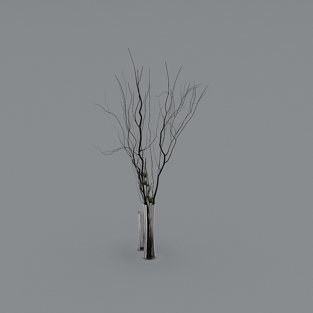 Tall silver metal vase with black dry branches and green berries on grey background