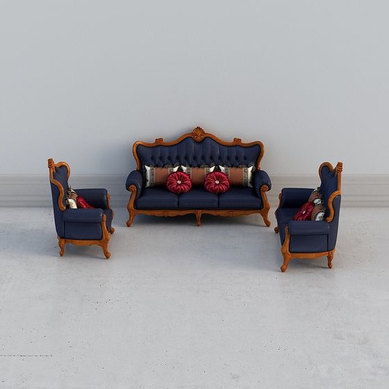 Royal Blue Sofa Set 3D model - Vintage Elegance
